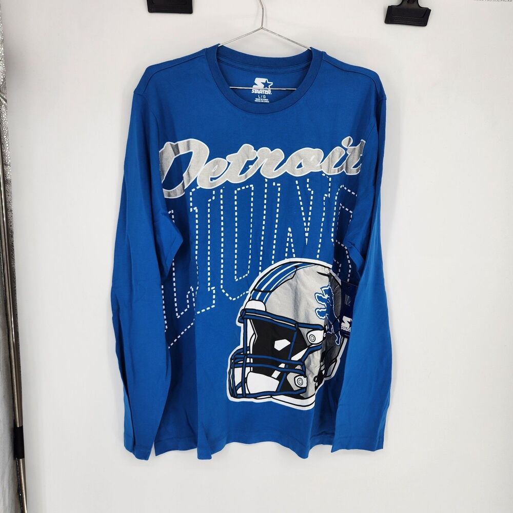 Detroit Lions Men's Large Blue Starter‎ Graphic Print Long Sleeve Shirt NWT
